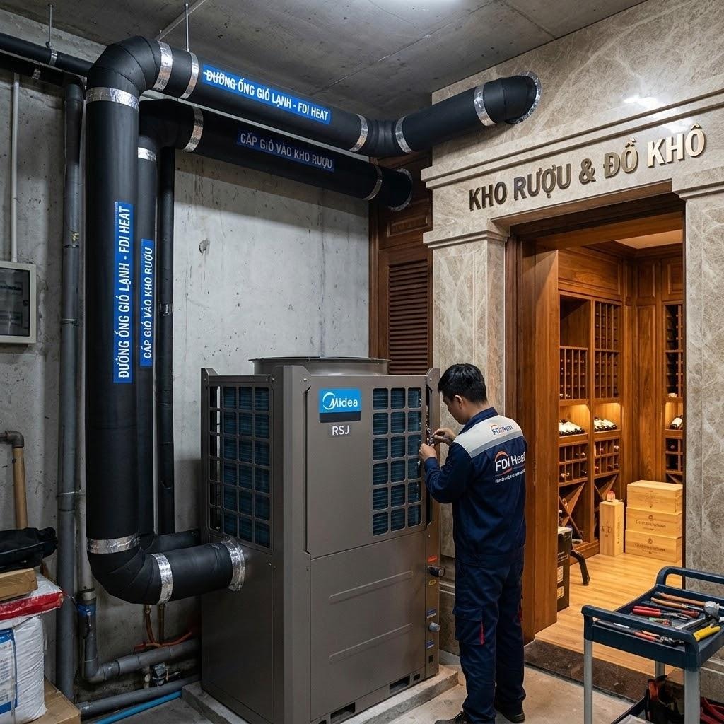 Đặt dàn nóng Heat Pump Midea dưới tầng hầm có đủ sức làm mát thay thế điều hòa cho kho chứa đồ không?