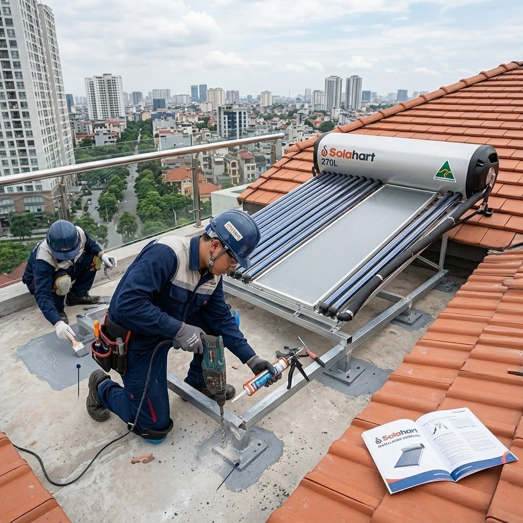 Hướng dẫn kỹ thuật neo giằng an toàn cho bồn Solahart 270L trên mái bằng nhà cao tầng trong mùa mưa bão