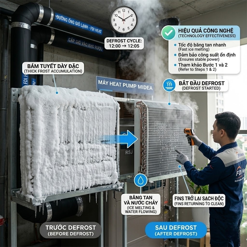 Nhiệt độ xuống 0°C, máy bơm nhiệt có bị đóng băng? Giải mã công nghệ Defrost của Heat Pump Midea
